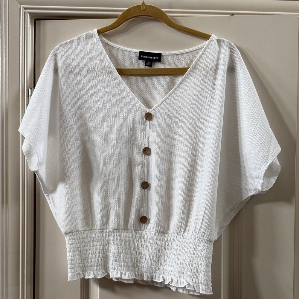 Fortune & Ivy White V‑Neck Button Front Smocked Waist Blouse